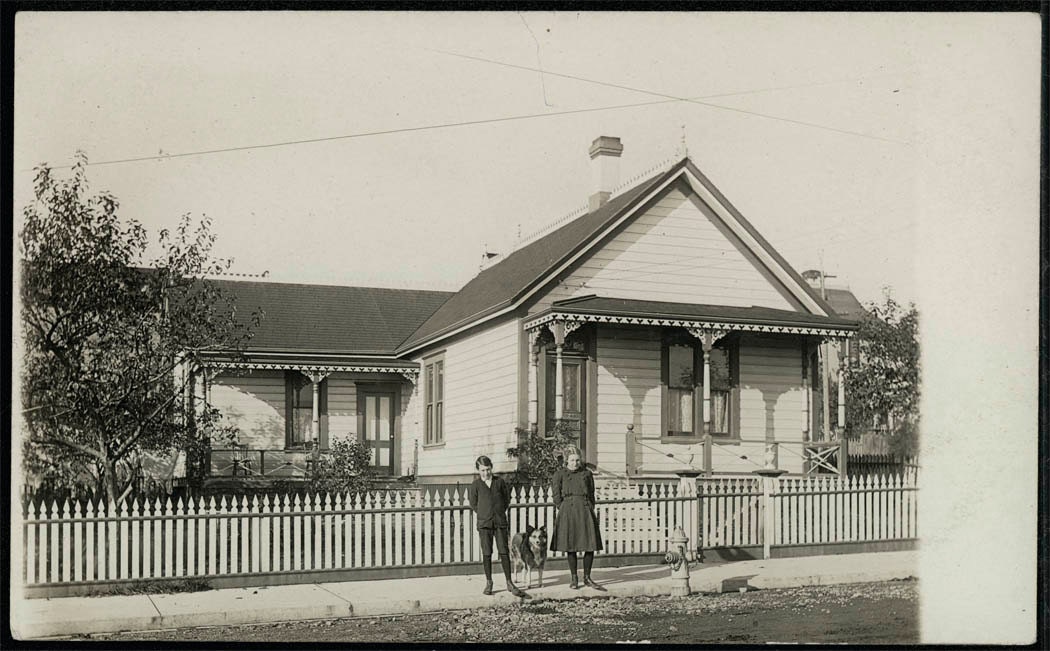 vintage photo Brother Sister and Dog in front of home 1910 California RPPC