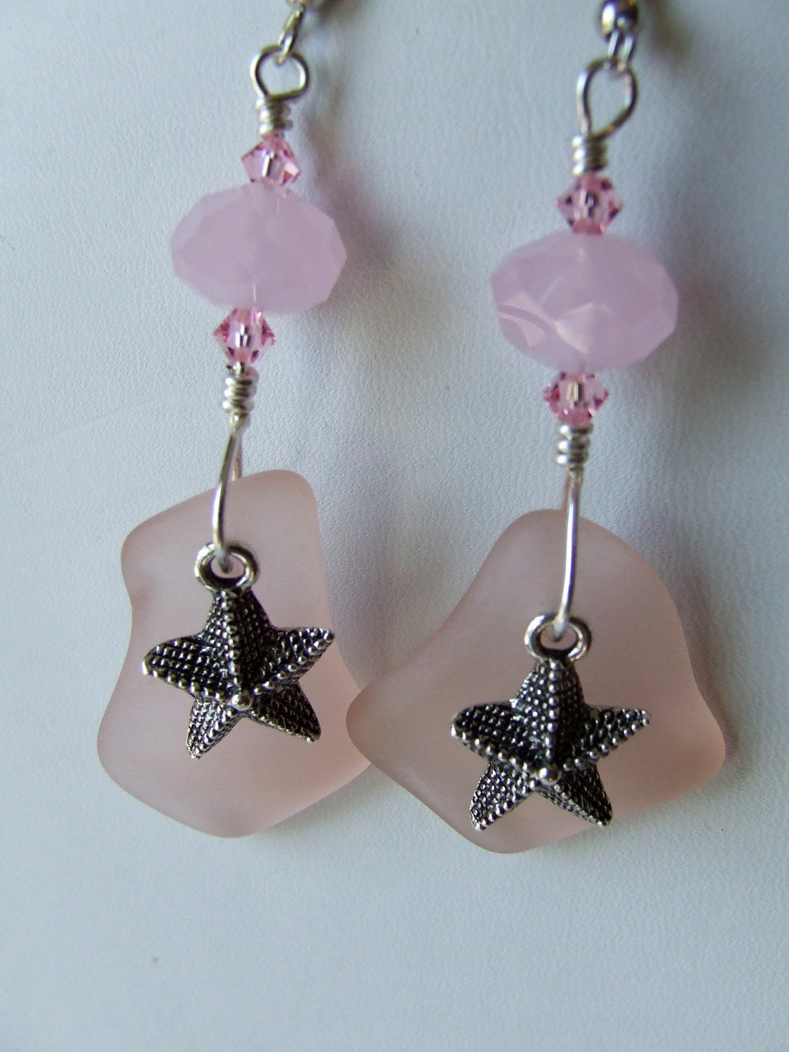 Starfish, Pink Sea Glass and Crystals Dangle Earrings