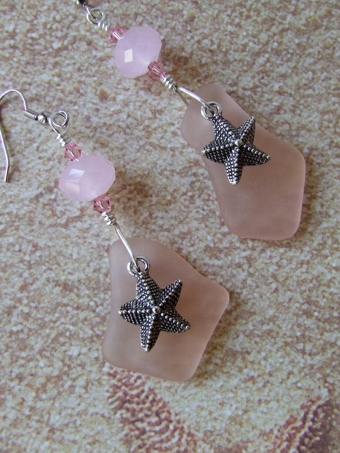 Starfish, Pink Sea Glass and Crystals Dangle Earrings