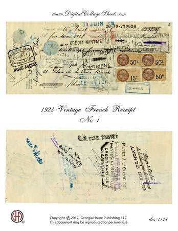 Instant Download 1923  Vintage French Receipt - French Document Collage Sheet DCS-1178 - French Ephemera -DigitalCollageSheets