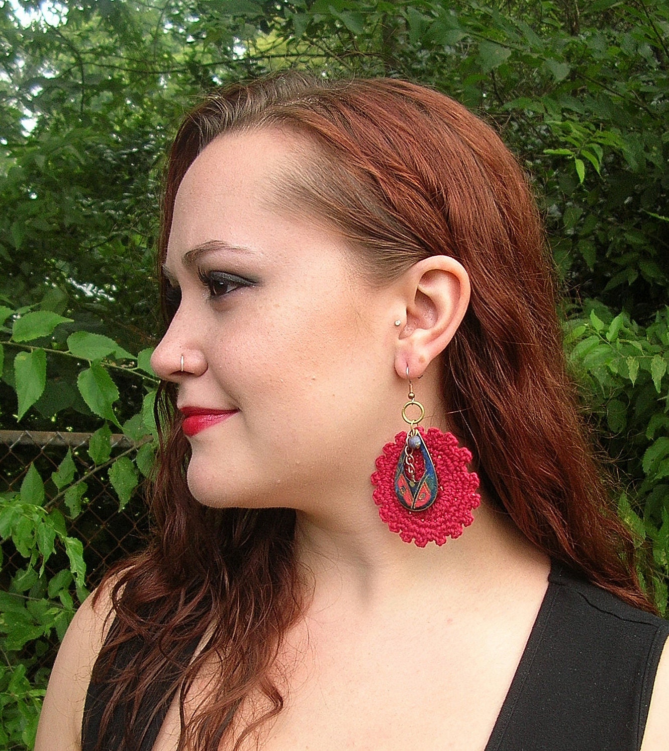 Large Red Crochet Earrings with Vintage Findings