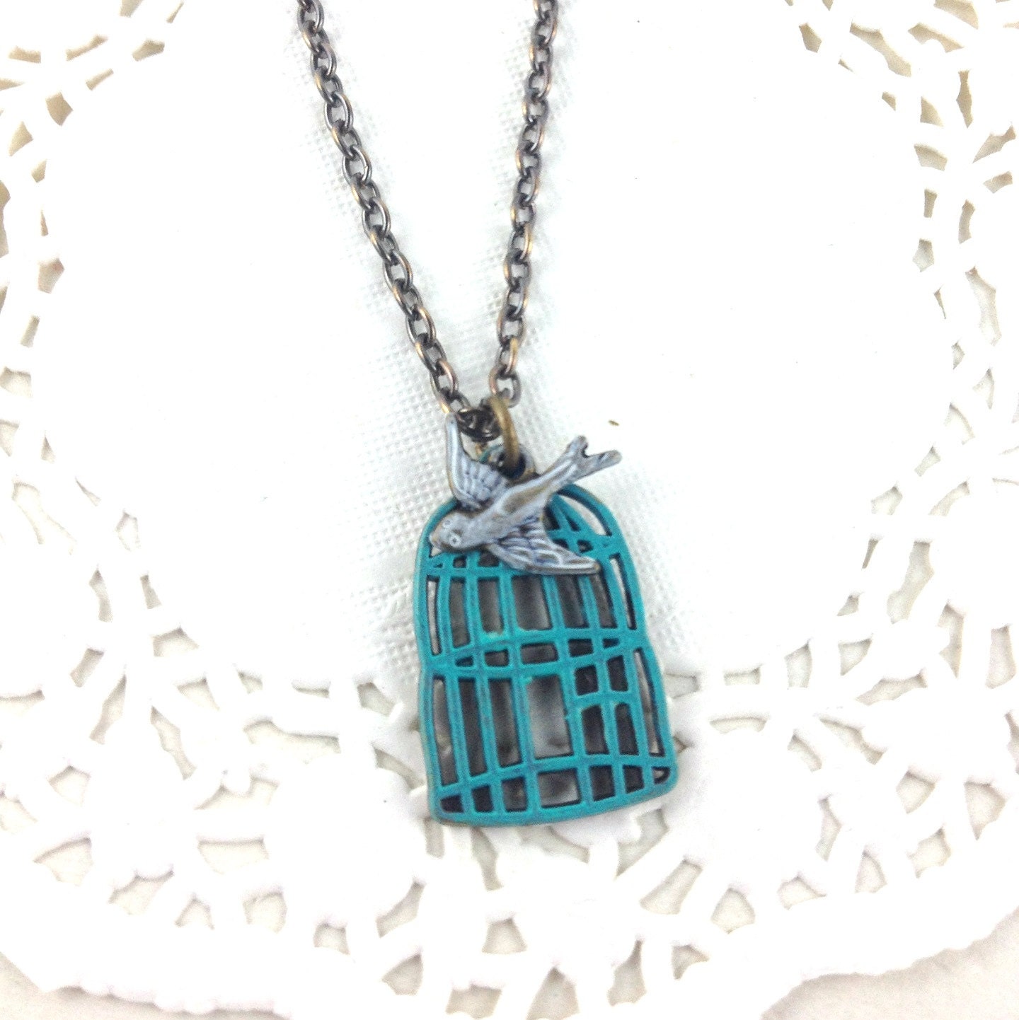 Necklace - Bronze Bird cage & Verdigris Bird Charm