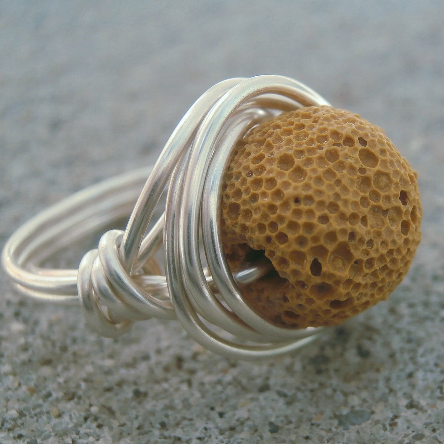 Lava Rock Rings, Lava Ring with BUTTERY YELLOW Stone, UNIQUE Custom Ring in Silver or Copper - Rustic Nature Rings