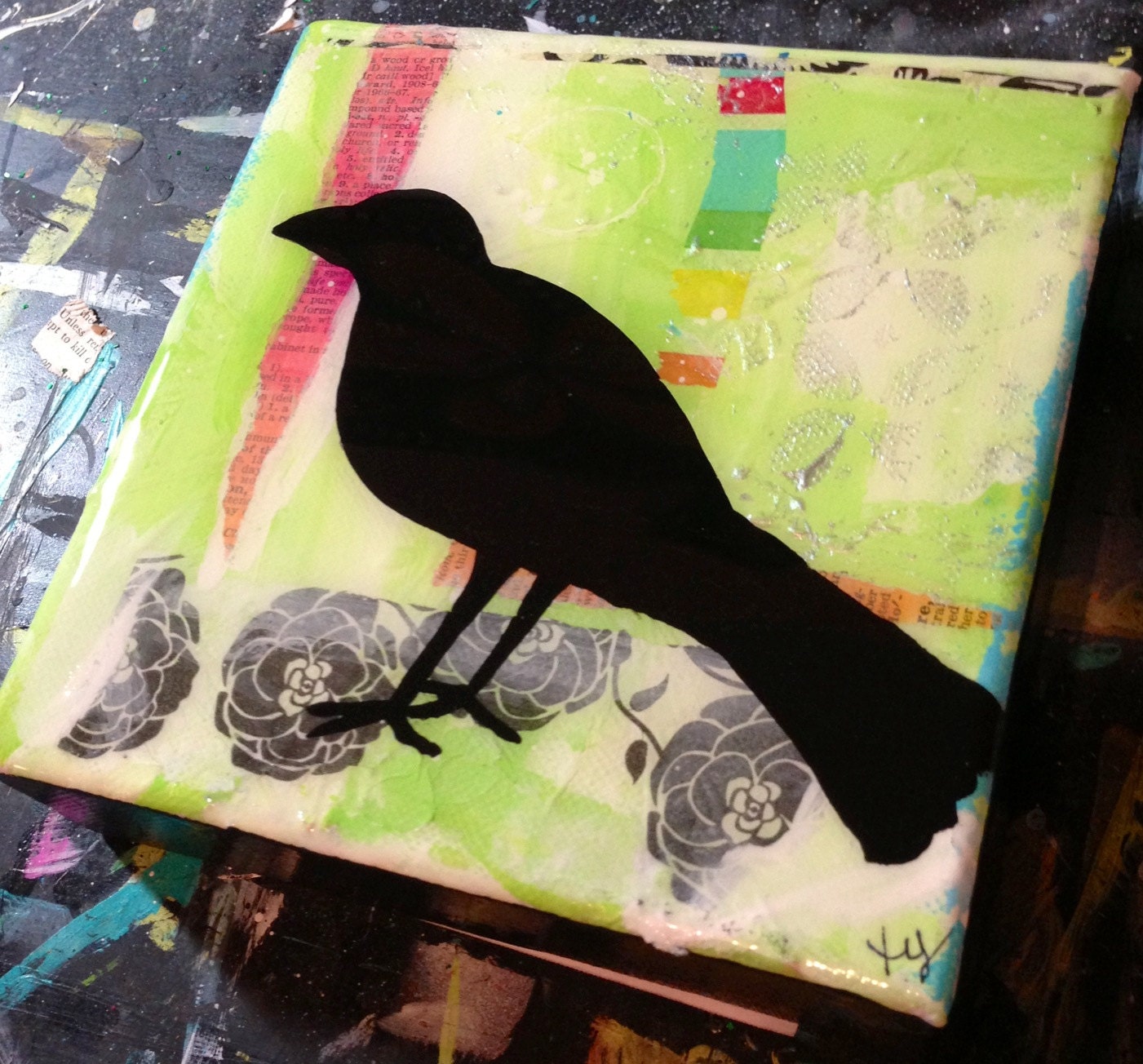 Blackbird crow on green background painting on canvas