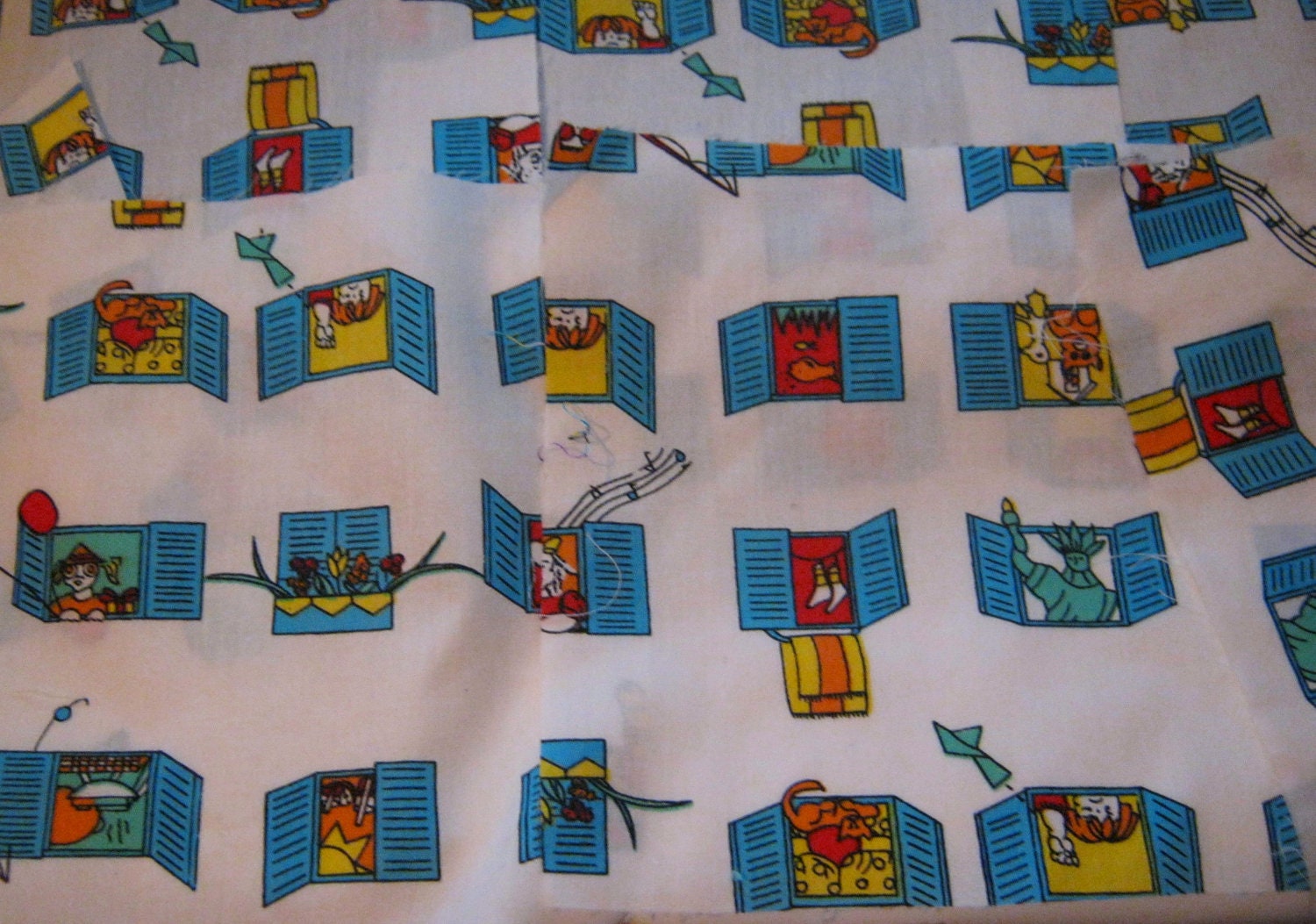 Lot Vintage Cotton Fabric Squares Cotton Cartoons and Windows FREE SHIPPING