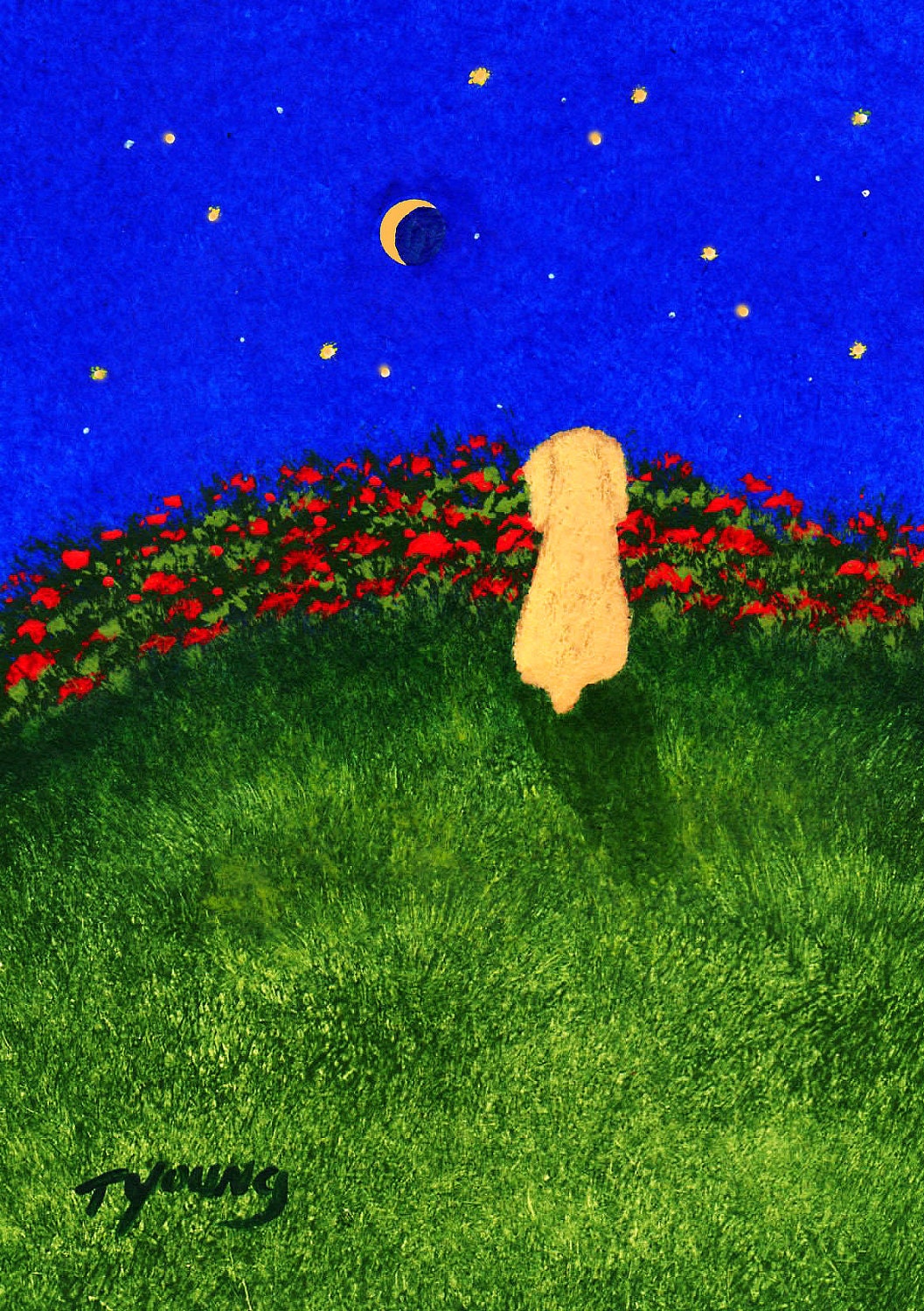 Blonde Cocker Spaniel Dog folk Art PRINT of Todd Young painting Moon and Stars
