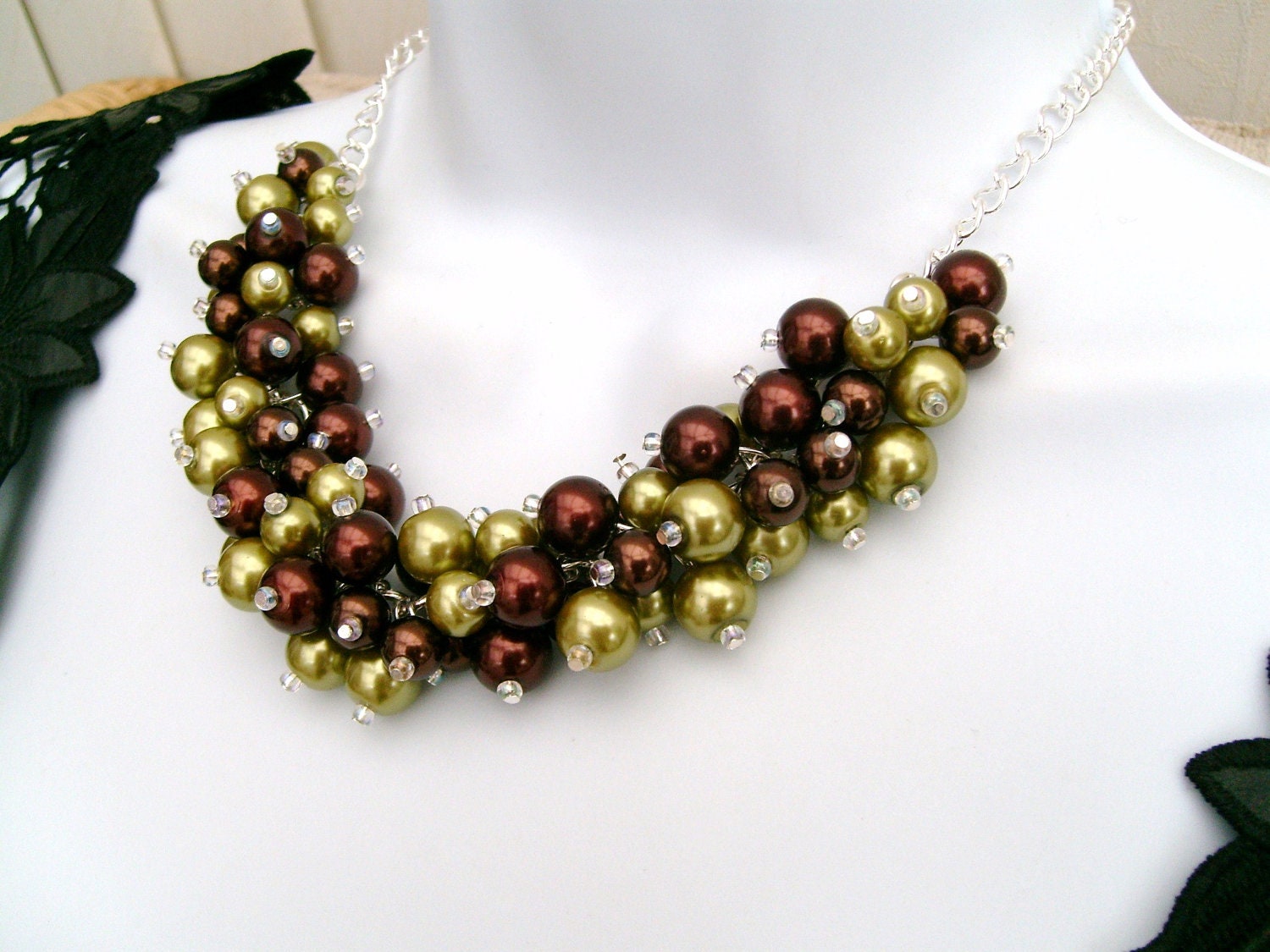 Chocolate and Lime, Pearl Beaded Necklace, Bridal Jewelry, Cluster Necklace, Chunky Necklace, Bridesmaid Gift, Custom Colours
