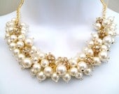 Pearl and Rhinestone Beaded Necklace, Bridal Jewelry, Cluster Necklace, Chunky Necklace, Bridesmaid Gift - Pearl and Crystals by Kim Smith