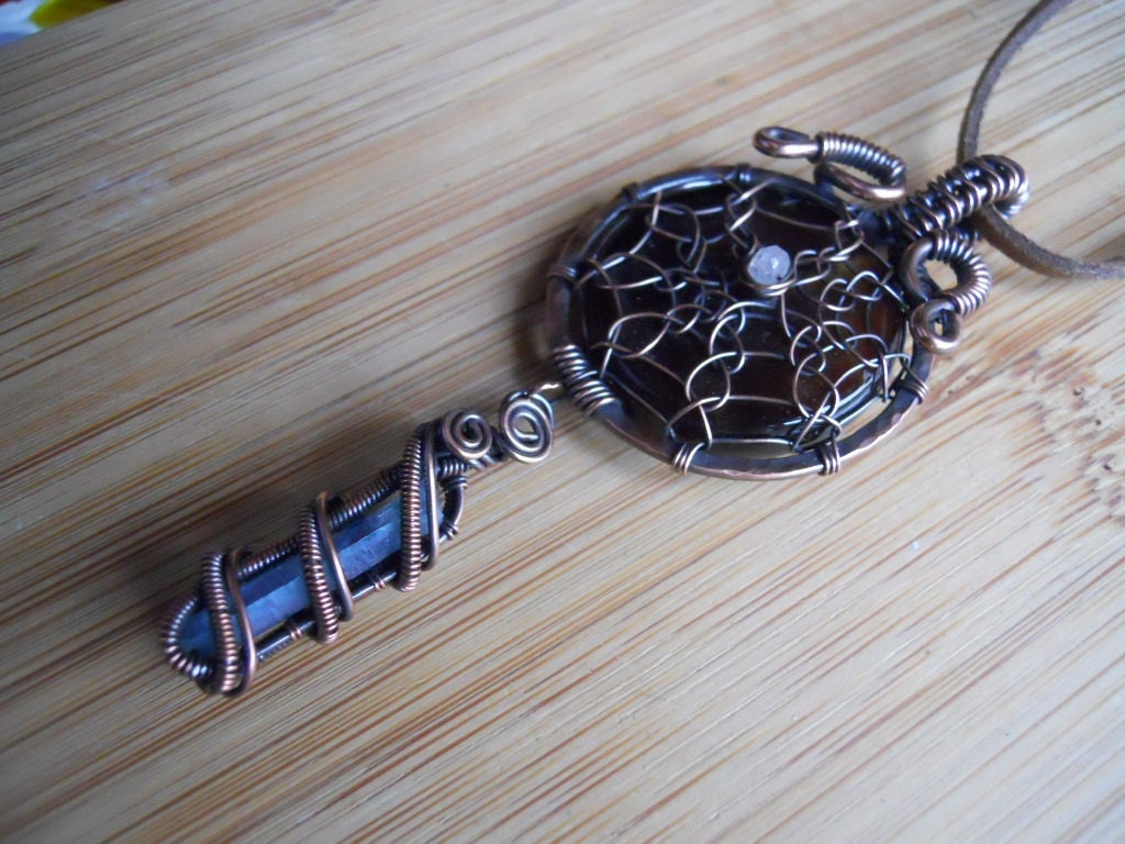 Dreamcatcher Pendant Brown Agate Moonstone and Blue Aqua Aura Quartz point Wire Wrapped Oxidized Copper OurFrontYard Design