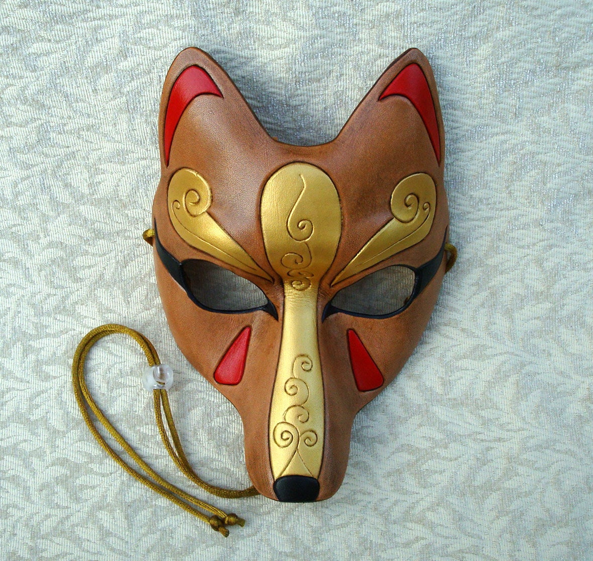 Brown and Gold Kitsune Mask... Handmade Leather Japanese Fox Mask