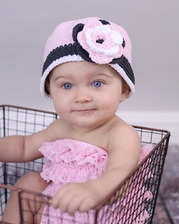 Cloche Hat Crocheted "The Charlene" Pastel Pink Charcoal Grey White Bucket Hat Flower Trim