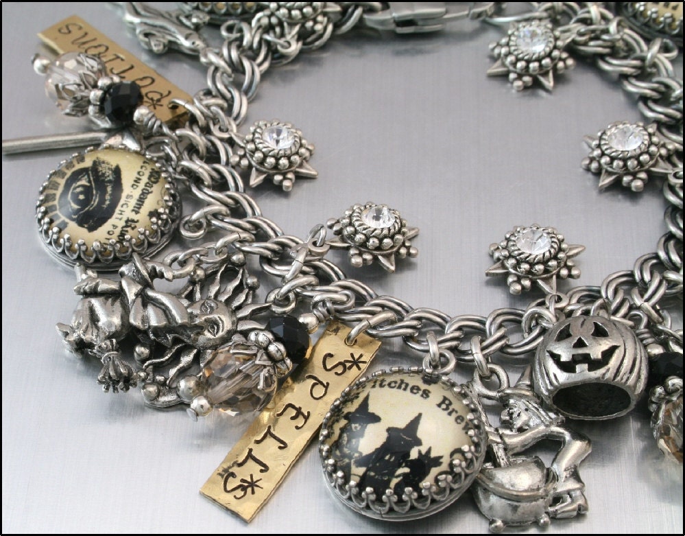 Halloween Jewelry, Silver Charm Bracelet, Moonbeams Magic Shoppe Charm Bracelet, Wiccan Charm Bracelet
