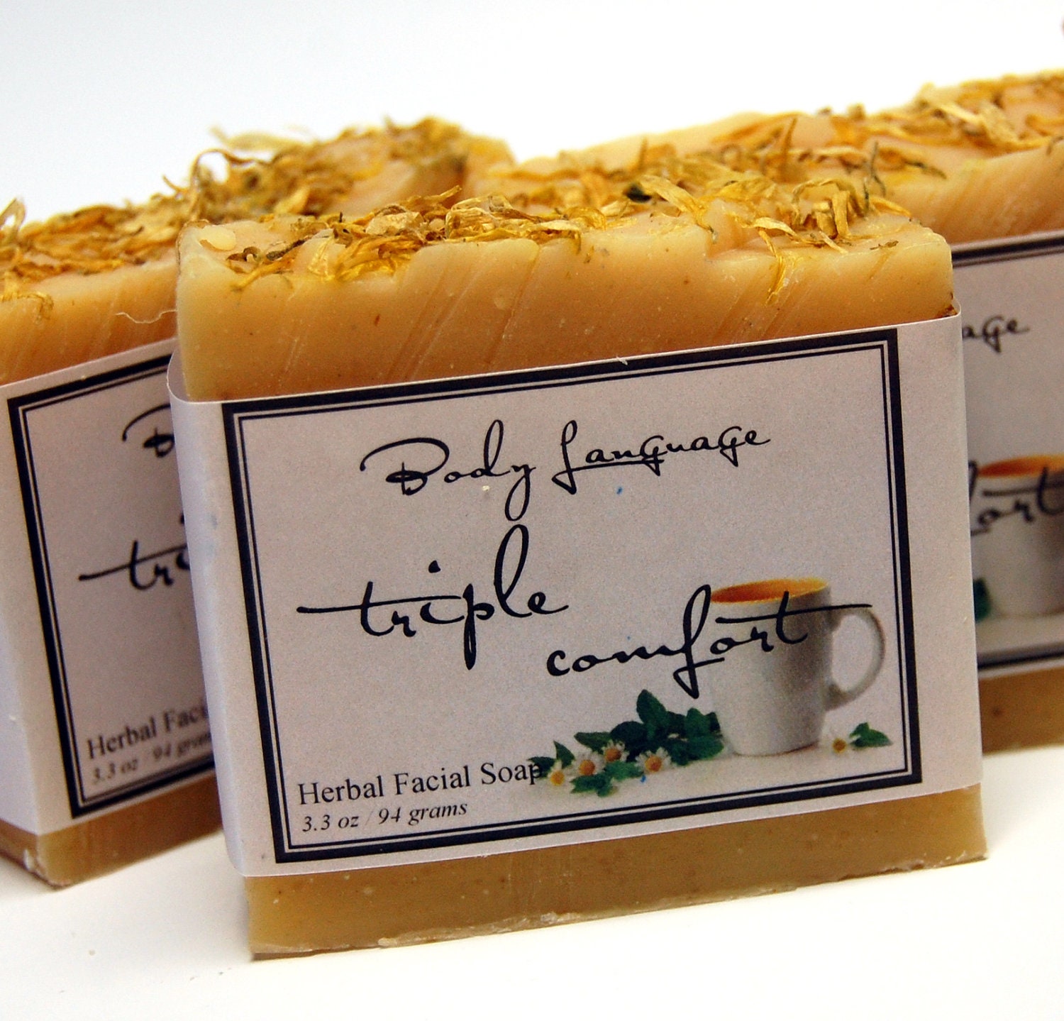 Moving SALE - Herbal Soap - TRIPLE COMFORT Facial Soap - All Natural Chamomile, Comfrey, Calendula, Lemongrass & Ginger Soap