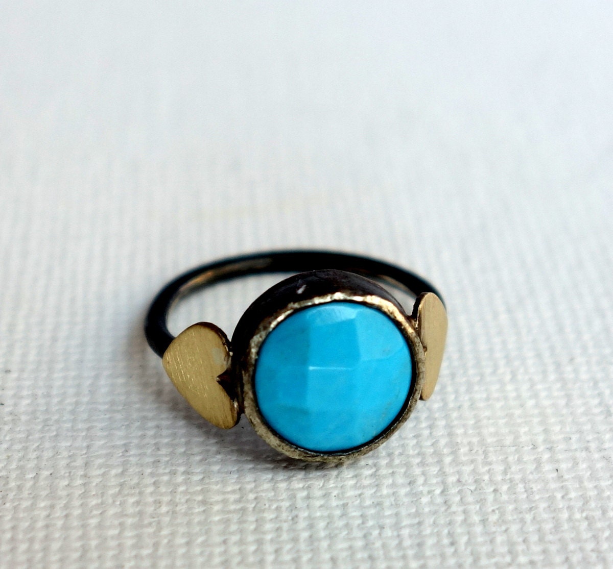 Faceted Turquoise in Handmade Sterling Silver Ring with Hearts