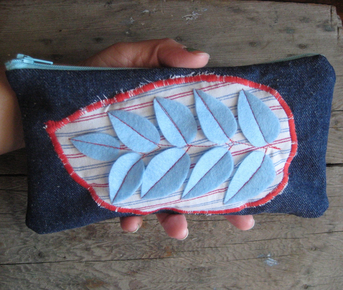 Leaves Zipper Pouch Merino Felt and Reclaimed Denim One of a Kind Eco Friendly