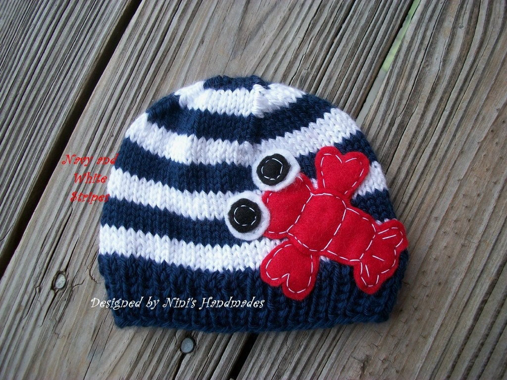 Knit,  Nautical,   NAVY LOBSTER Beanie-Hat- Red, White and Blue themed baby crochet hat- crab and Lobster  baby hat