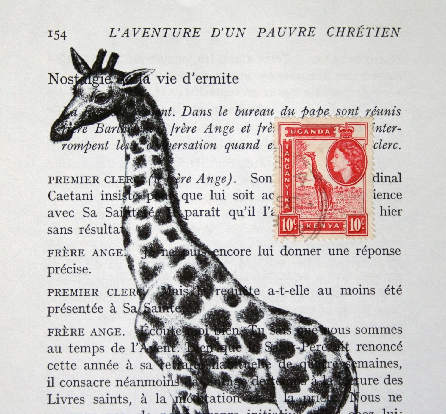 Giraffe Print Collage - Vintage French Book Page Print with African Postage Stamp- 5 x 7 as FEATURED in Traditional Living Magazine
