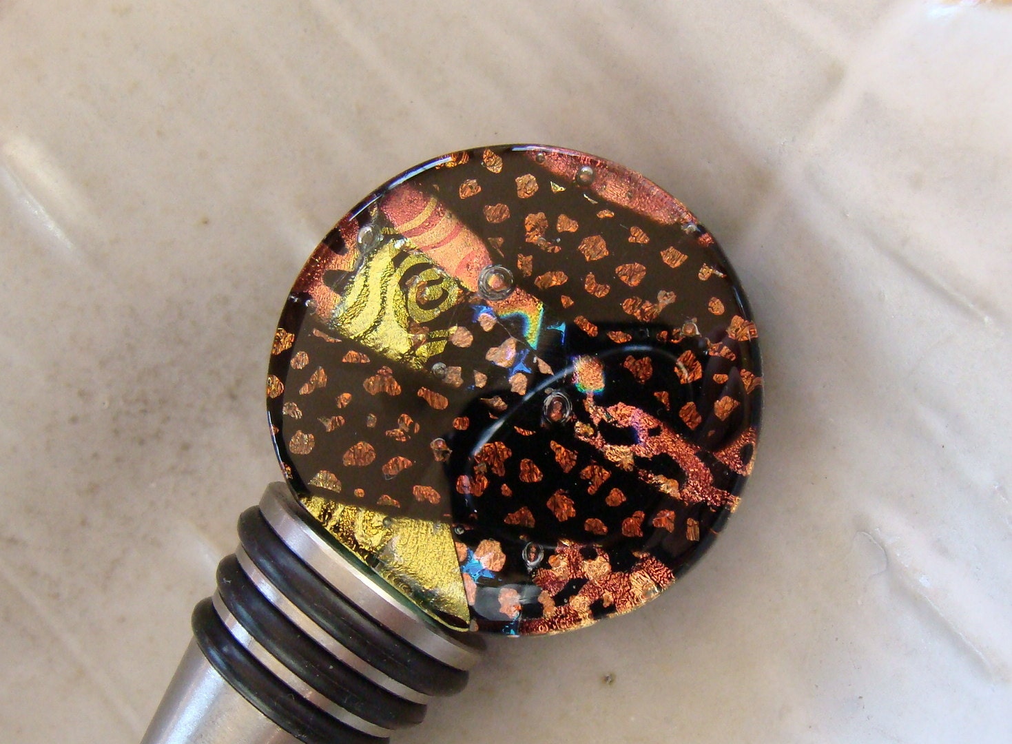 Stainless Steel Dichroic Wine Bottle Stopper, Fused Glass, FDA Kitchen Grade, Dichroic Glass, OOAK