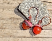 Handmade Enamel on Copper and Carnelian Earrings, Forged Rustic Copper Pink and Orange Earrings, Enamelled Copper (G167)