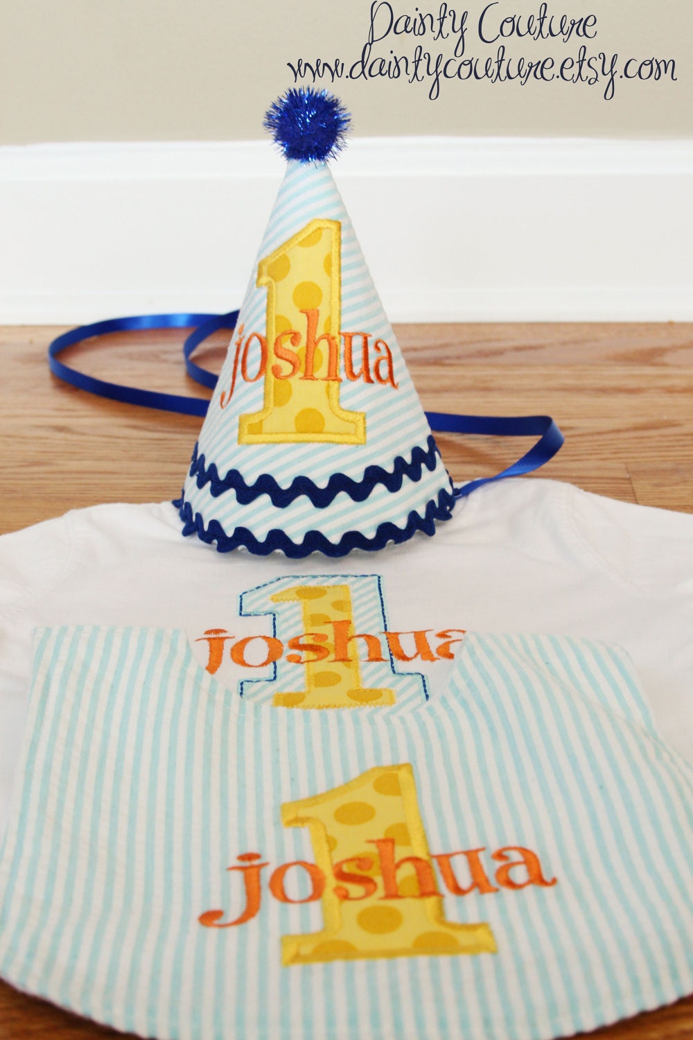 Boys First Birthday Hat - Aqua stripes, Michael Miller sunny ta dots, orange, and navy blue accents - Free personalization