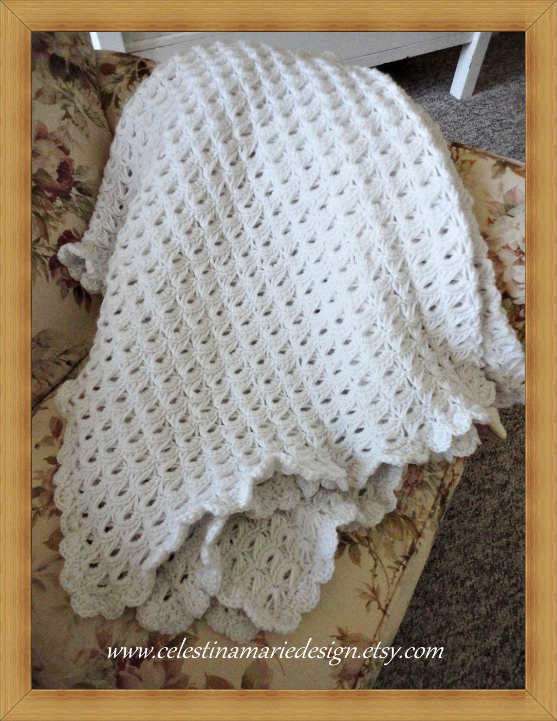 Lacy Romantic Cottage White Hand Crocheted Throw with Ruffled Shell Edge, ECS, CSST,