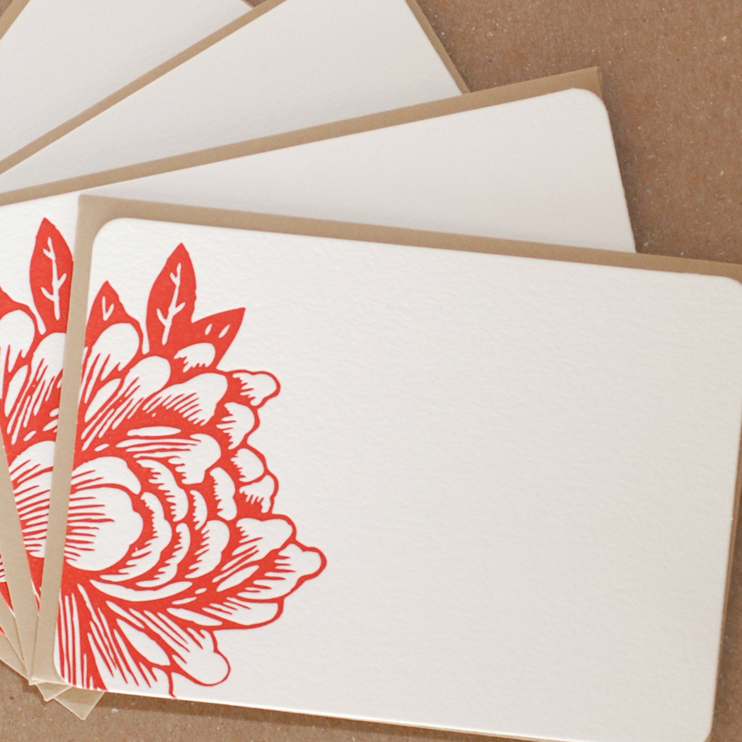Stationery Notes, Letterpress : Scarlet Red Blossoming Flower Notes, box of 5 small flat cards w kraft brown colored envelopes