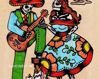 Dia de los Muertos Art Mexican Folk COUPLE Print 8 x 10