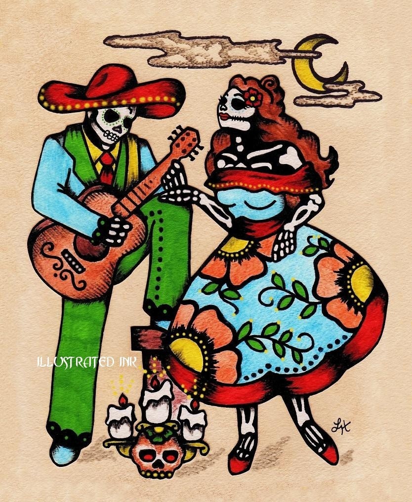 Dia de los Muertos Art Mexican Folk COUPLE Print 11 x 14