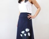 Cotton Blend high waisted Skirt with Lotus Print Navy