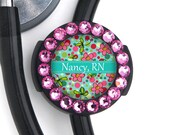 Stethoscope Tag -  Personalized Blue Floral with Swarovski Rhinestones