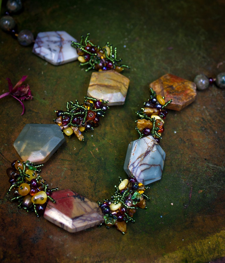 Jasper, Amber, Garnet, and Pearl Garden Necklace