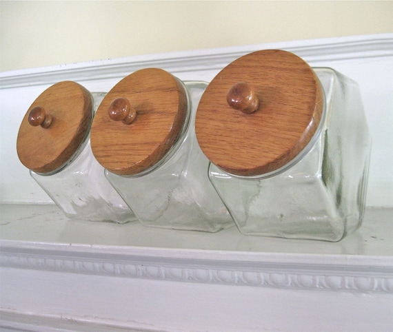 Vintage Candy Jars Glass Canisters Wood Tops by Fishlegs on Etsy