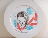 hand painted plate -girl with red feathers