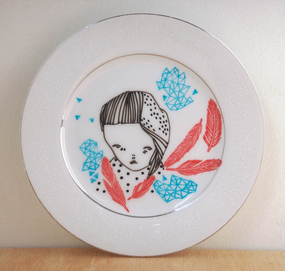 hand painted plate -girl with red feathers