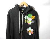 Womens Charcoal Gray Hoodie with Hexagon Floral Patchwork Applique Size Extra Large//by Nicoles Threads