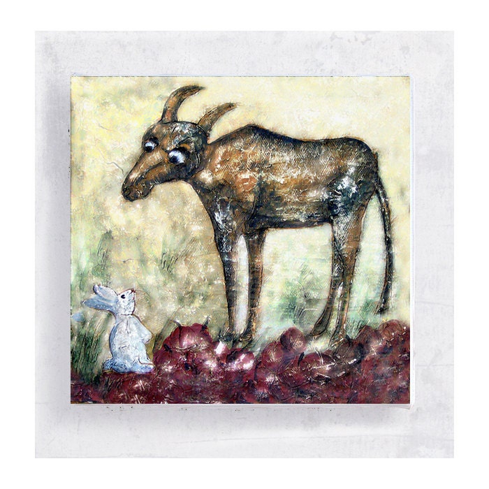 Rabbit Cow Apple  -  Art Block - 5x5 Canvas Print on Wood Frame - How Now Brown Cow - Animal Fable - Wall Art - Home Decor