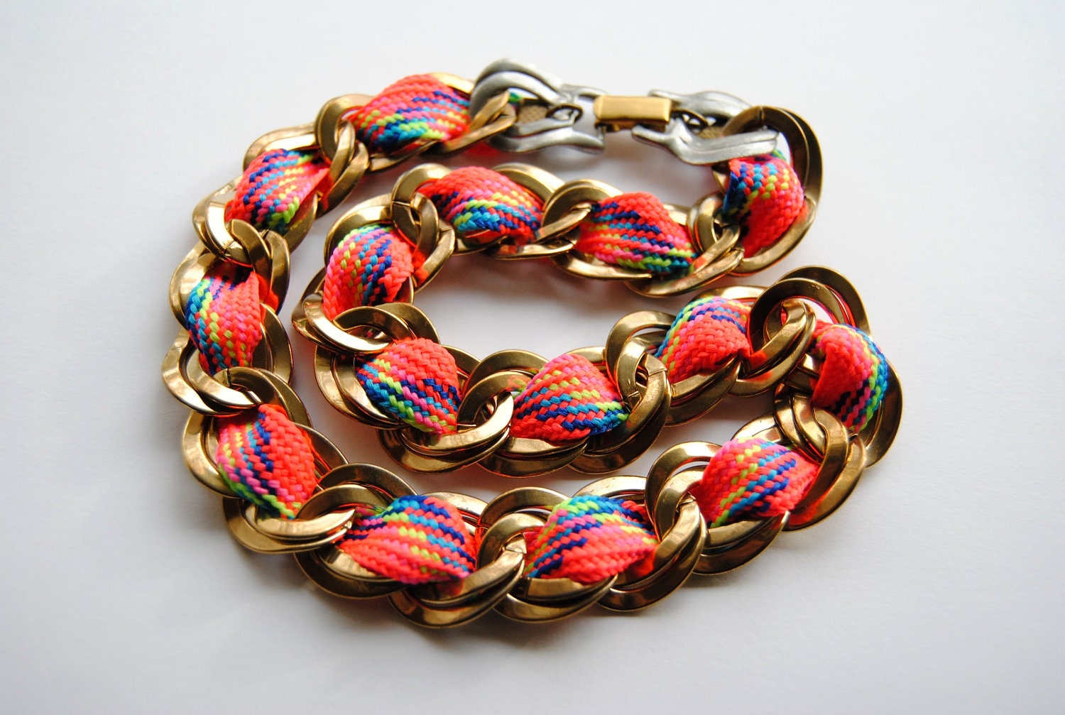 Neon Statement Necklace with Shoelace & Vintage Chain - Free Shipping in the US - Summer Fashion