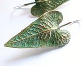 Large Jungle Verdigris Leaf Earrings - Mixed Metal Green Patina Jewelry