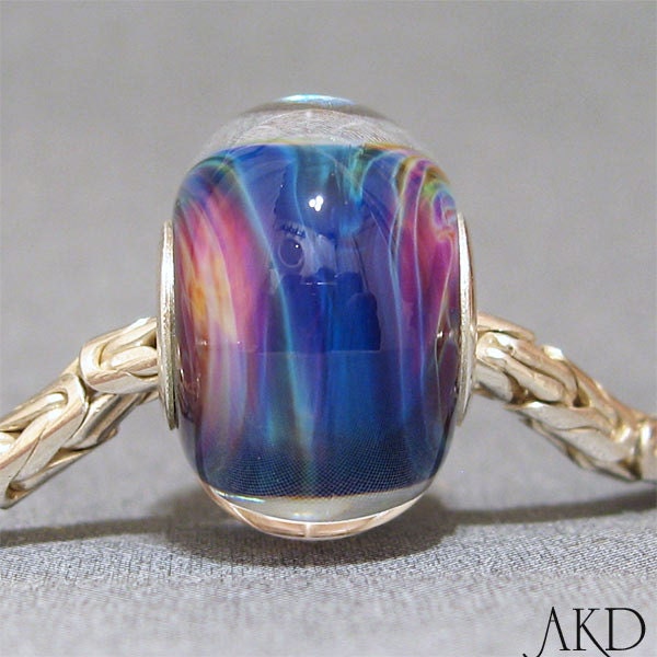 SRA Handmade Glass Lampwork Bead Blue & Fuchsia OOAK Jewelry European Bracelet Charm Color Spill