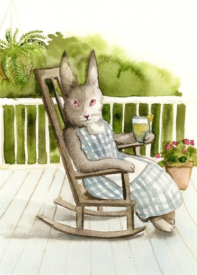 Rabbit Painting-  " On the Porch " print of original watercolor painting