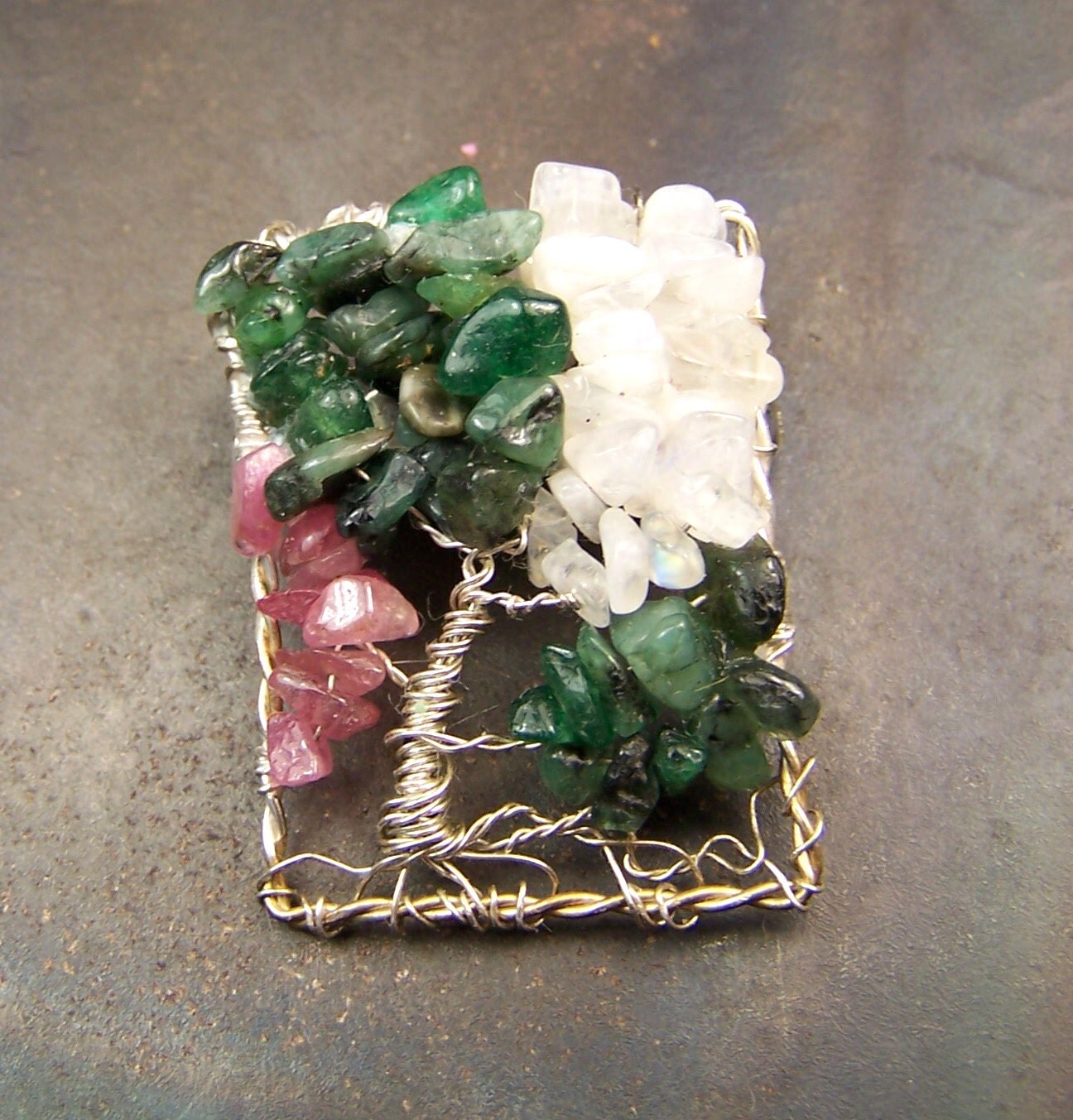 Tree of Life Brooch Pin - Emerald - Pink Tourmaline - Rainbow Moonstone - Rectangular - gemstone - STerling Silver