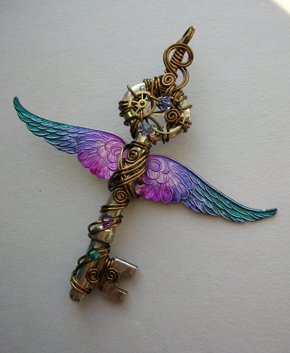 Winged Clockwork Key Pendant -- Steampunk Blue-Purple-Pink Inked Large Feathered Winged Key with Gears, Swarovski Crystals (A Key to Time)