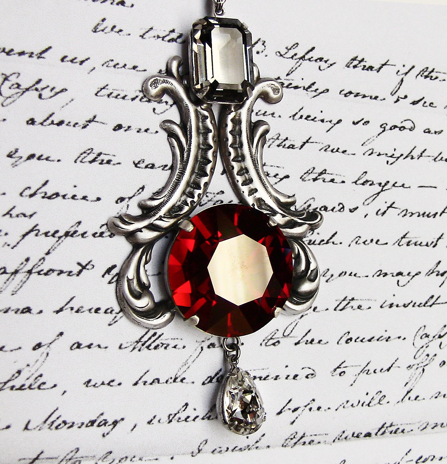 Red Gothic Pendant Silver Necklace Swarovski Crystal Gothic Jewellery