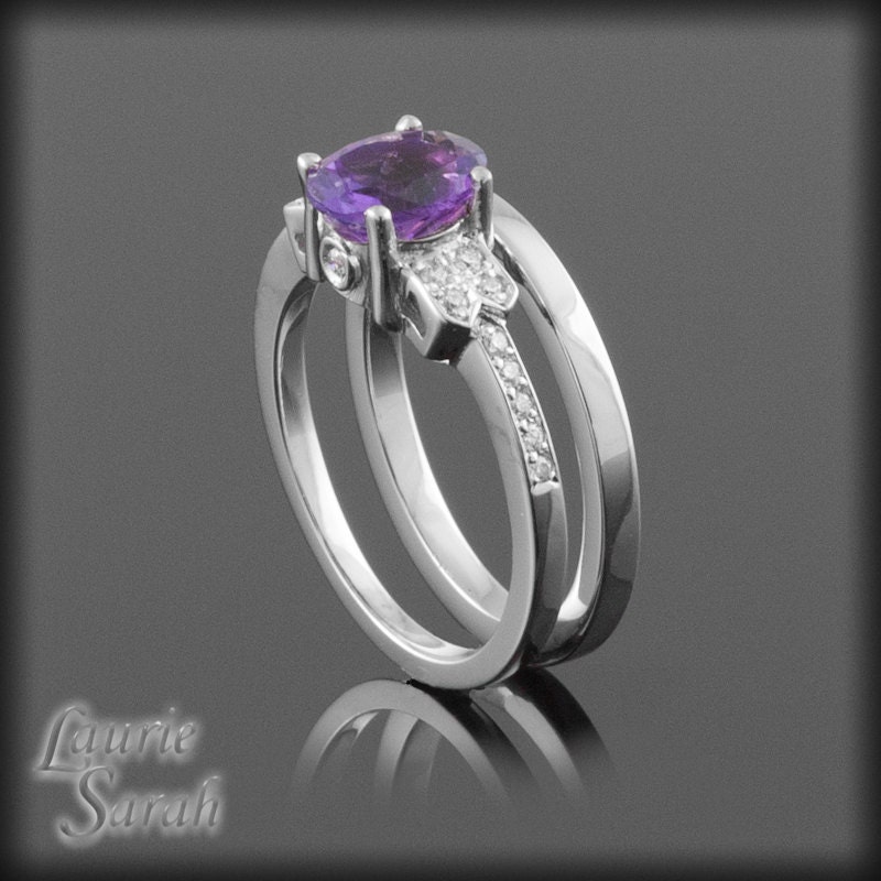 Amethyst and Diamond Wedding Set with Simple Gold Wedding Band - LS2356
