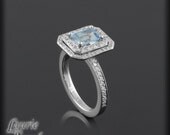 Platinum  Emerald Cut Aquamarine Engagement Ring with Diamond Double Halo - LS2581