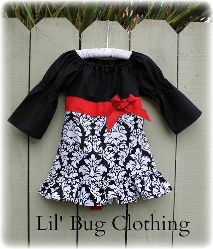 Christmas Holiday Christmas  Custom Boutique Black White  Damask Red Sash Bow Peasant Dress Girl