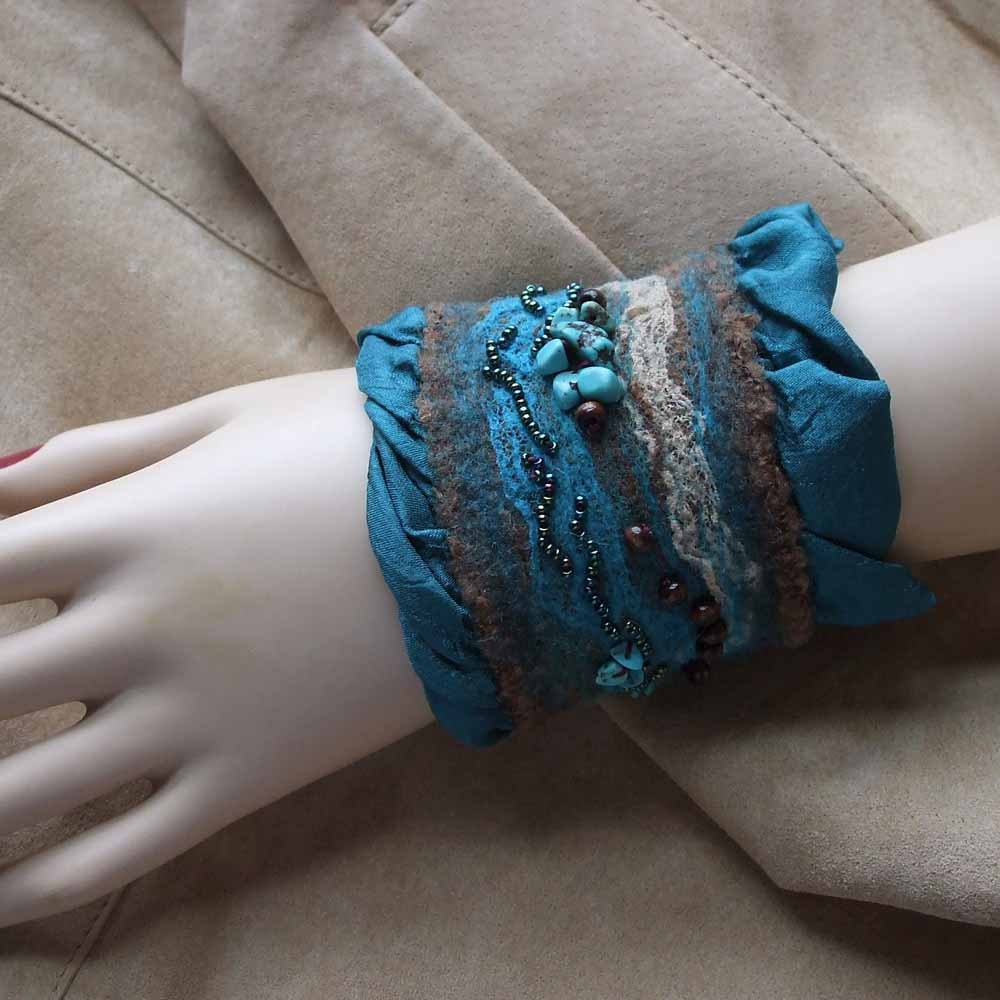 Turquoise  Earth Tone Beaded Felt Cuff Bracelet