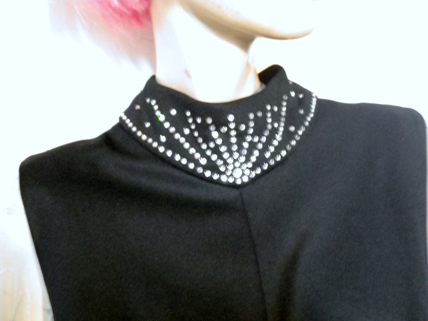 Vintage Formal Dress Mod 60s Black Rhinestone Size 12 to 14