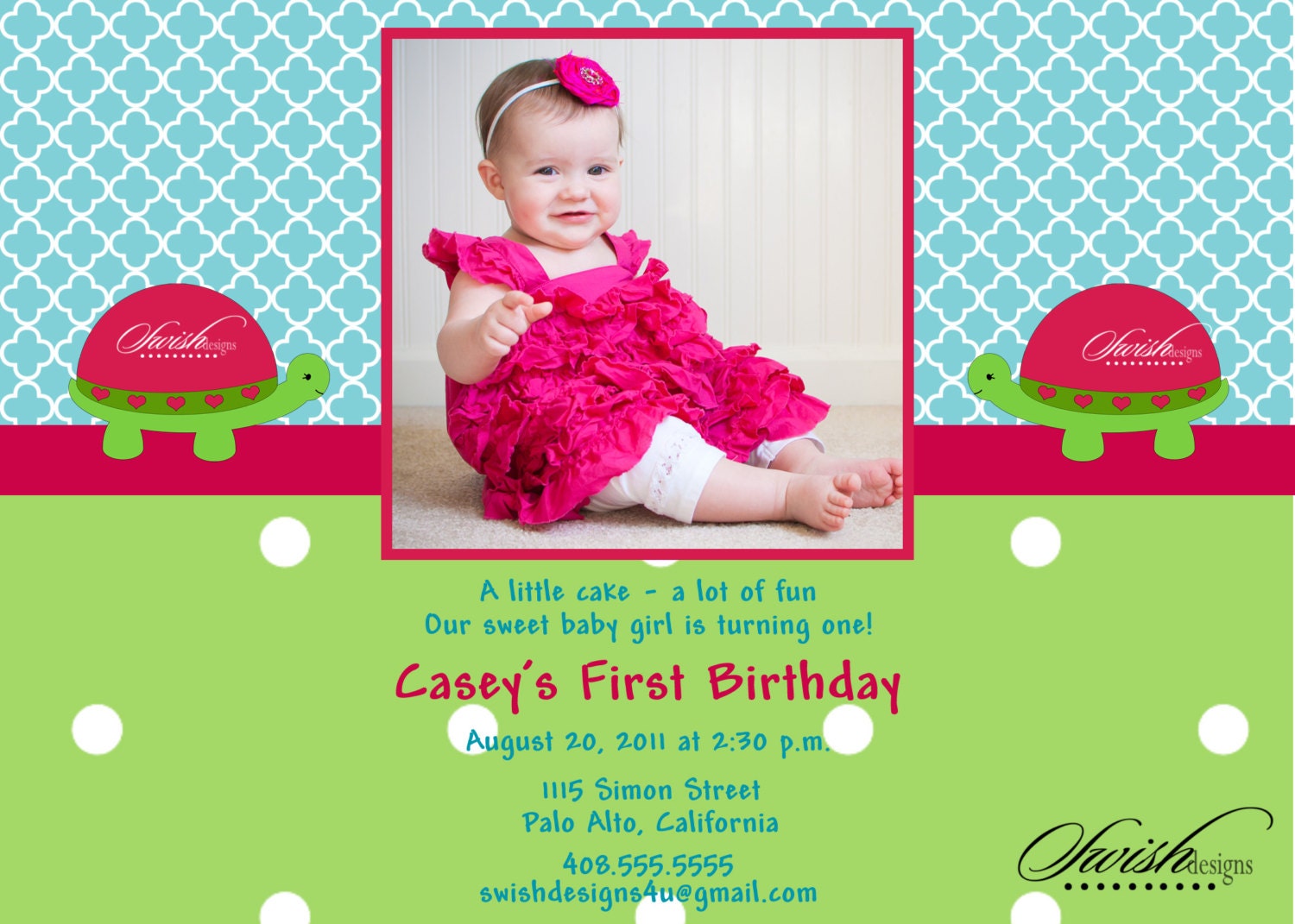 First Birthday Invitation --- Turtle digital printable party Il_570xn