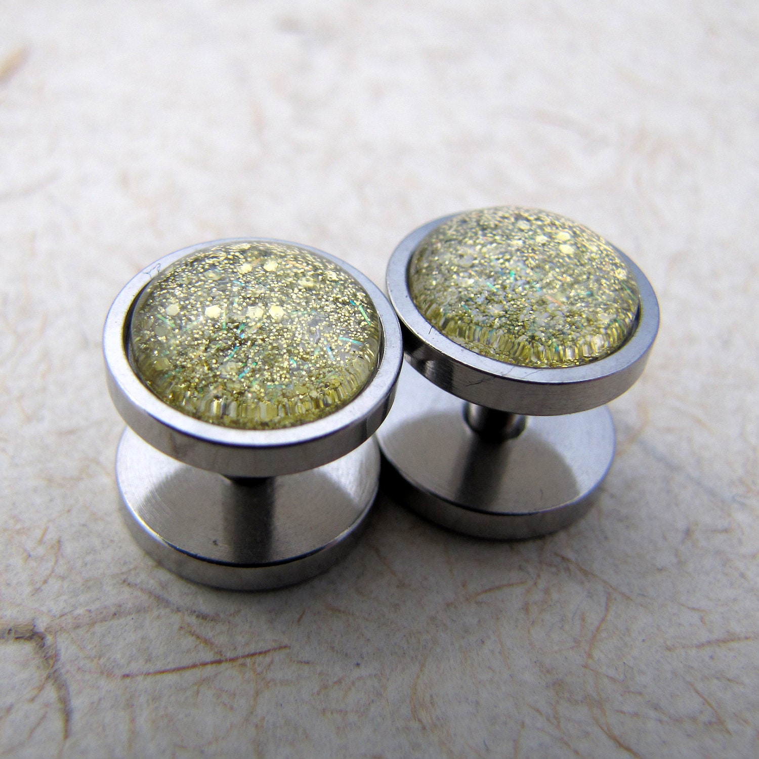 18g or 10g Stainless Steel Plugs Tunnels - Star Dust - Gold Glitter Sparkle Plugs Gauges - Bling